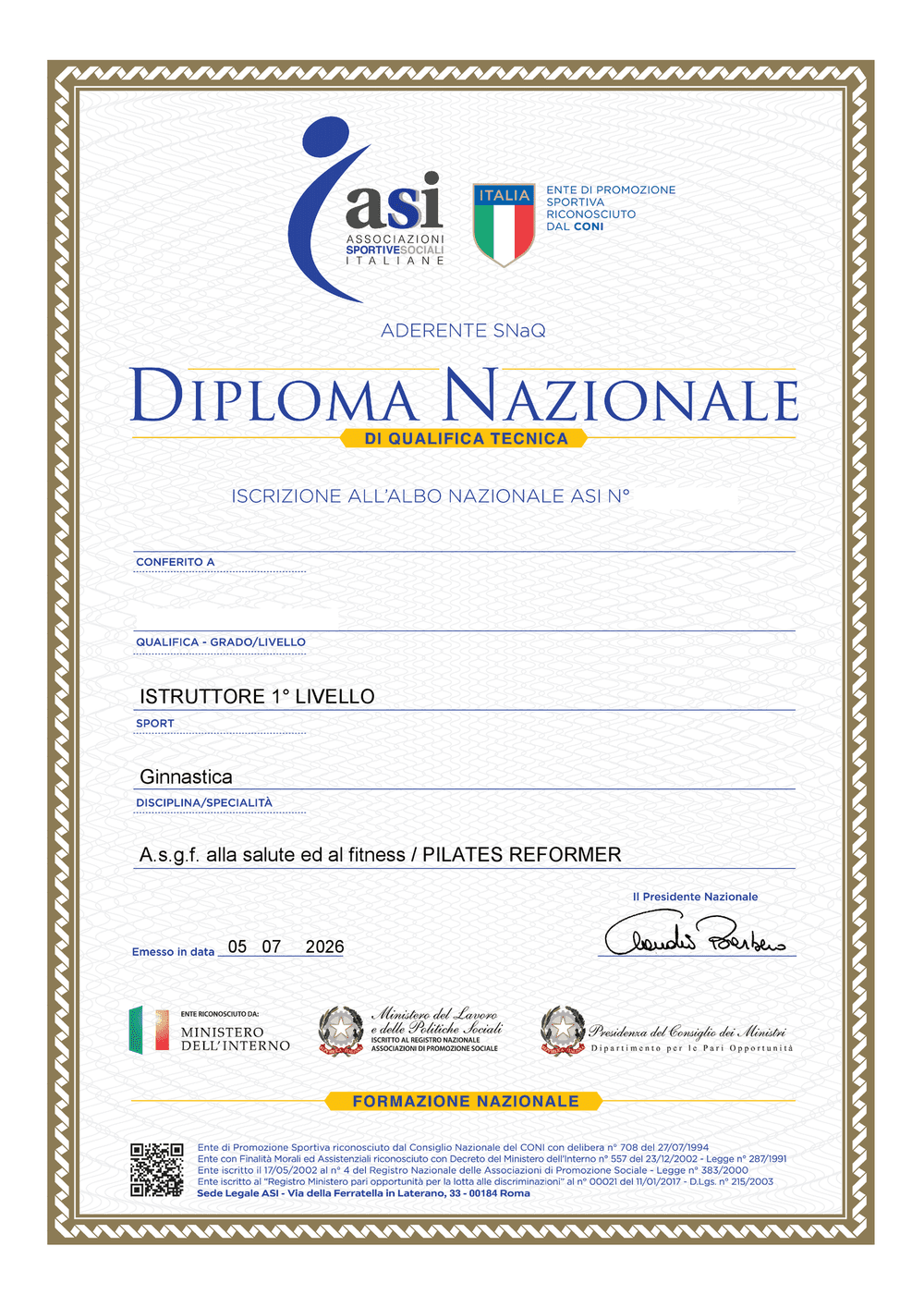 Il Diploma Nazionale ASI di qualifica tecnica, riconosciuto dal CONI, in bianco.