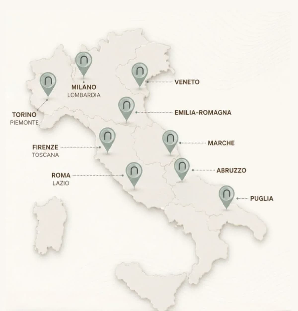 Mappa dell'Italia con i segnaposto Nucleo sulle aree di sviluppo della rete: Piemonte (Torino), Lombardia (Milano), Veneto, Emilia-Romagna, Toscana (Firenze), Marche, Lazio (Roma), Abruzzo e Puglia.