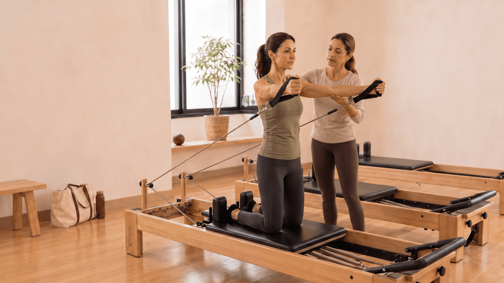 Un'insegnante guida un esercizio sul reformer.