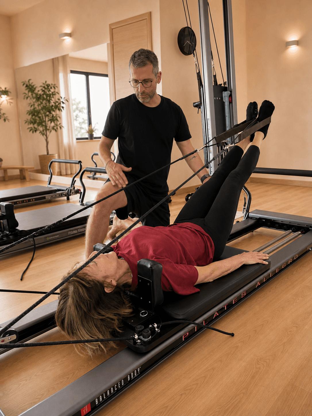 Un insegnante assiste un'allieva distesa sul reformer durante una lezione in studio.